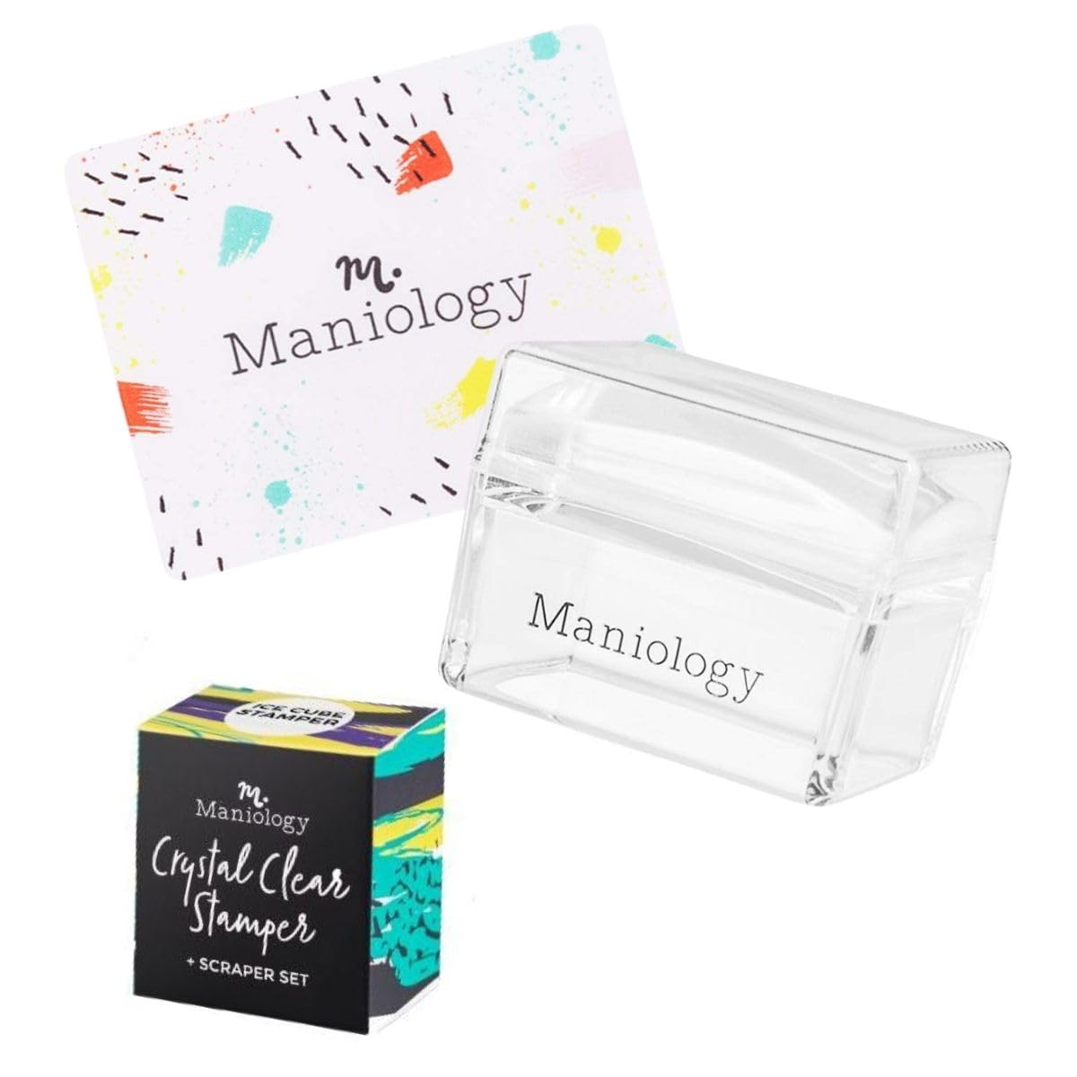 Maniology stamper front view showing clear handle and rectangle face for precise placement