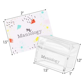 Maniology mini scraper card beside stamper for removing excess polish cleanly