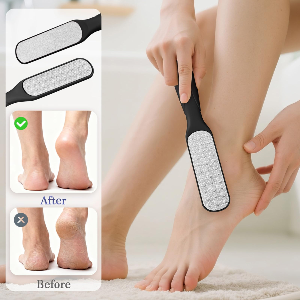 Manmihealth dual-sided foot file showing coarse and fine surfaces to smooth calluses