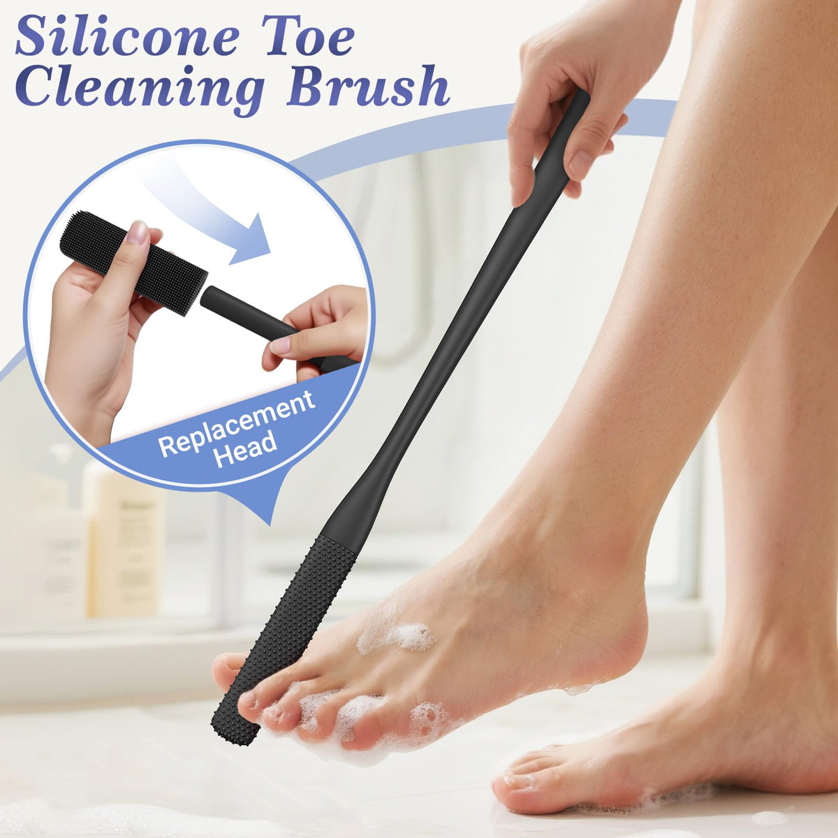 Manmihealth toe brush demonstrator cleaning between toes for thorough foot hygiene