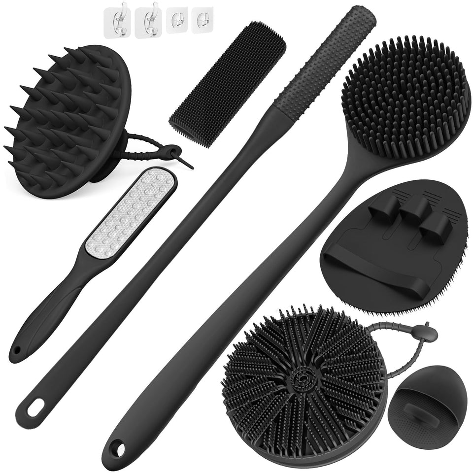 Manmihealth front view of black eight-piece shower set for complete cleansing