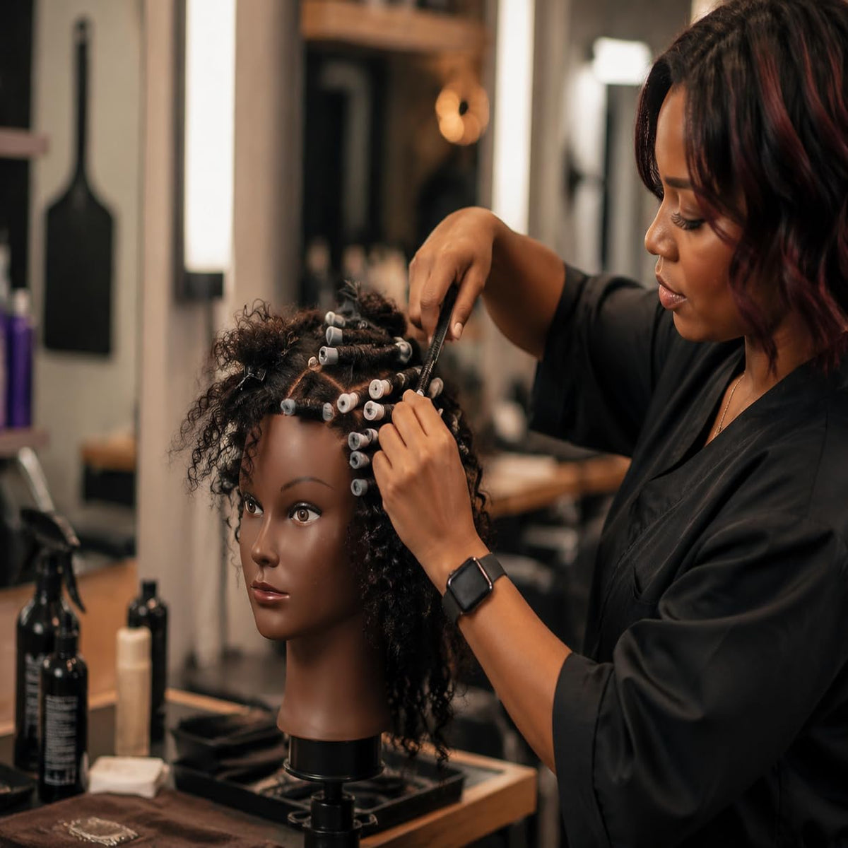 MannequeenHead used for braiding by a stylist demonstrating durable hair
