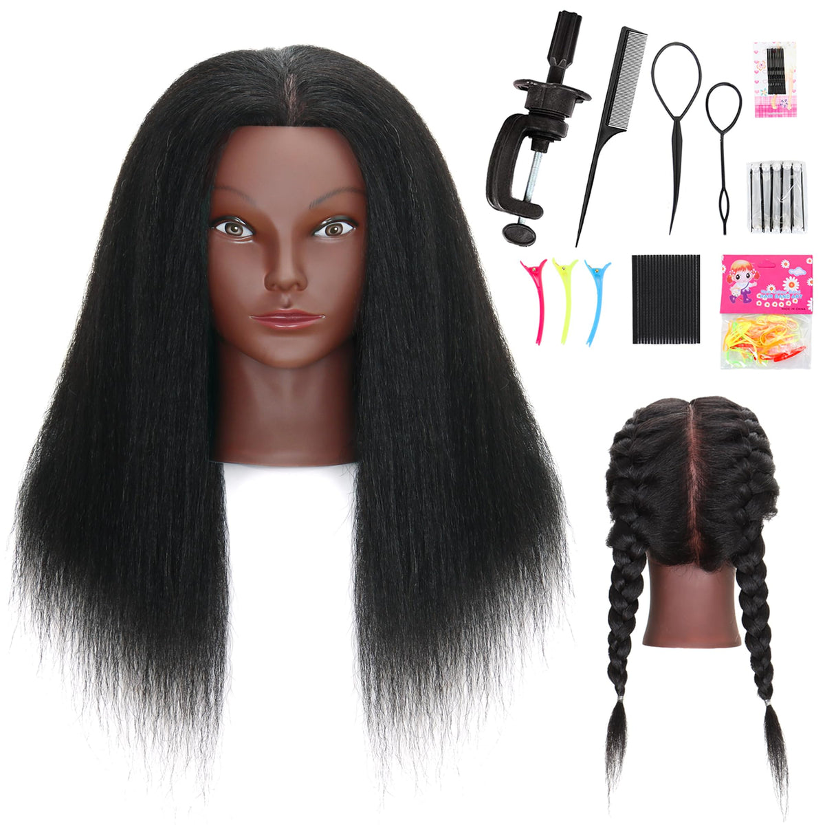 MannequeenHead front view showing full 16-inch hair for realistic practice