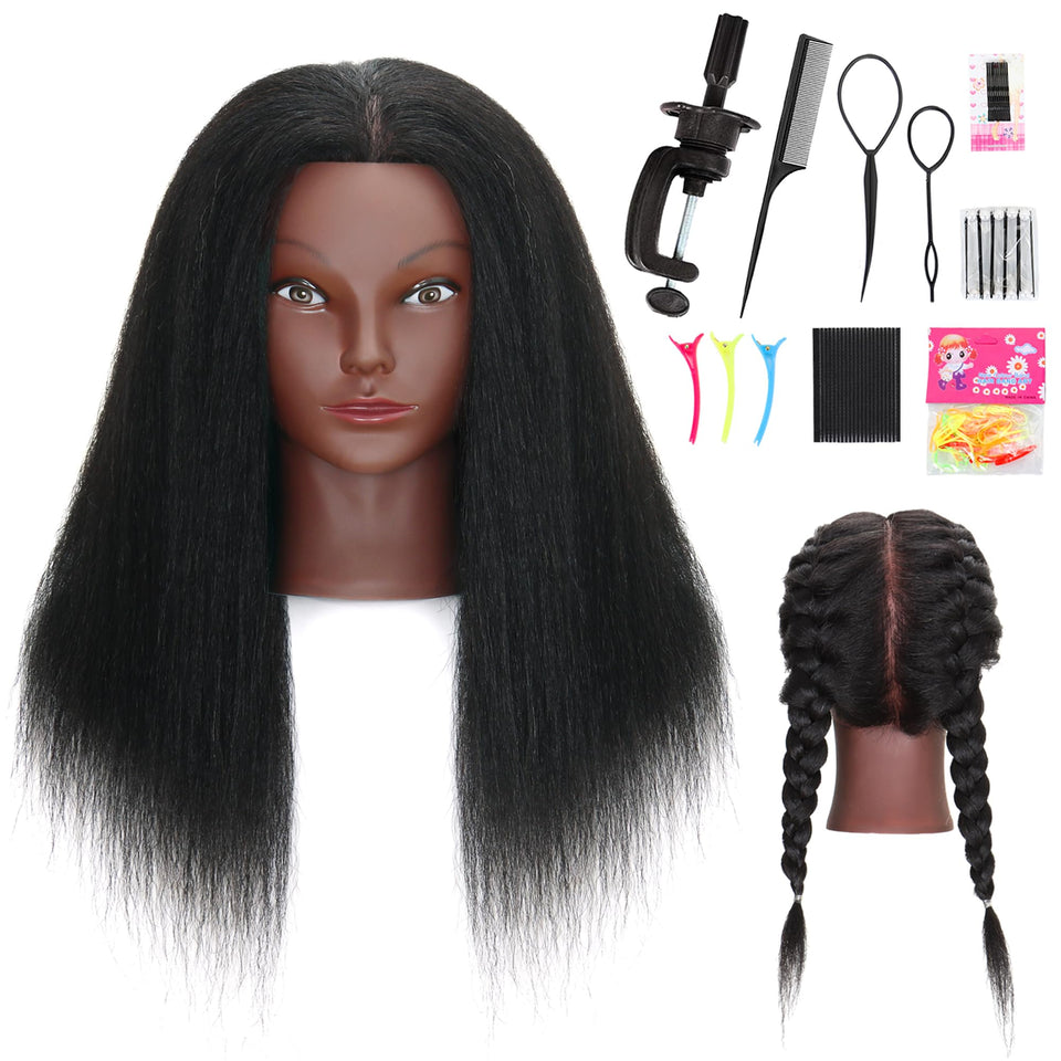 MannequeenHead front view showing full 16-inch hair for realistic practice