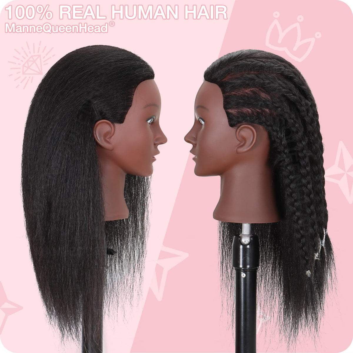 MannequeenHead close-up of real hair texture highlighting styling versatility