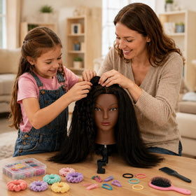 MannequeenHead in a classroom with a student practicing hairstyling techniques