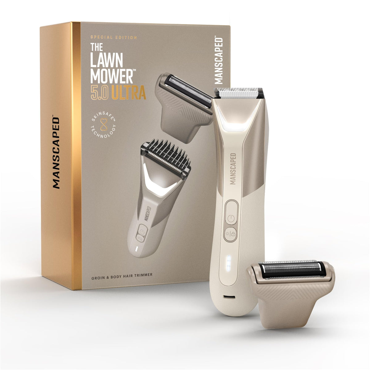 MANSCAPED front view showing Desert Sand trimmer and ergonomic grip for confident handling