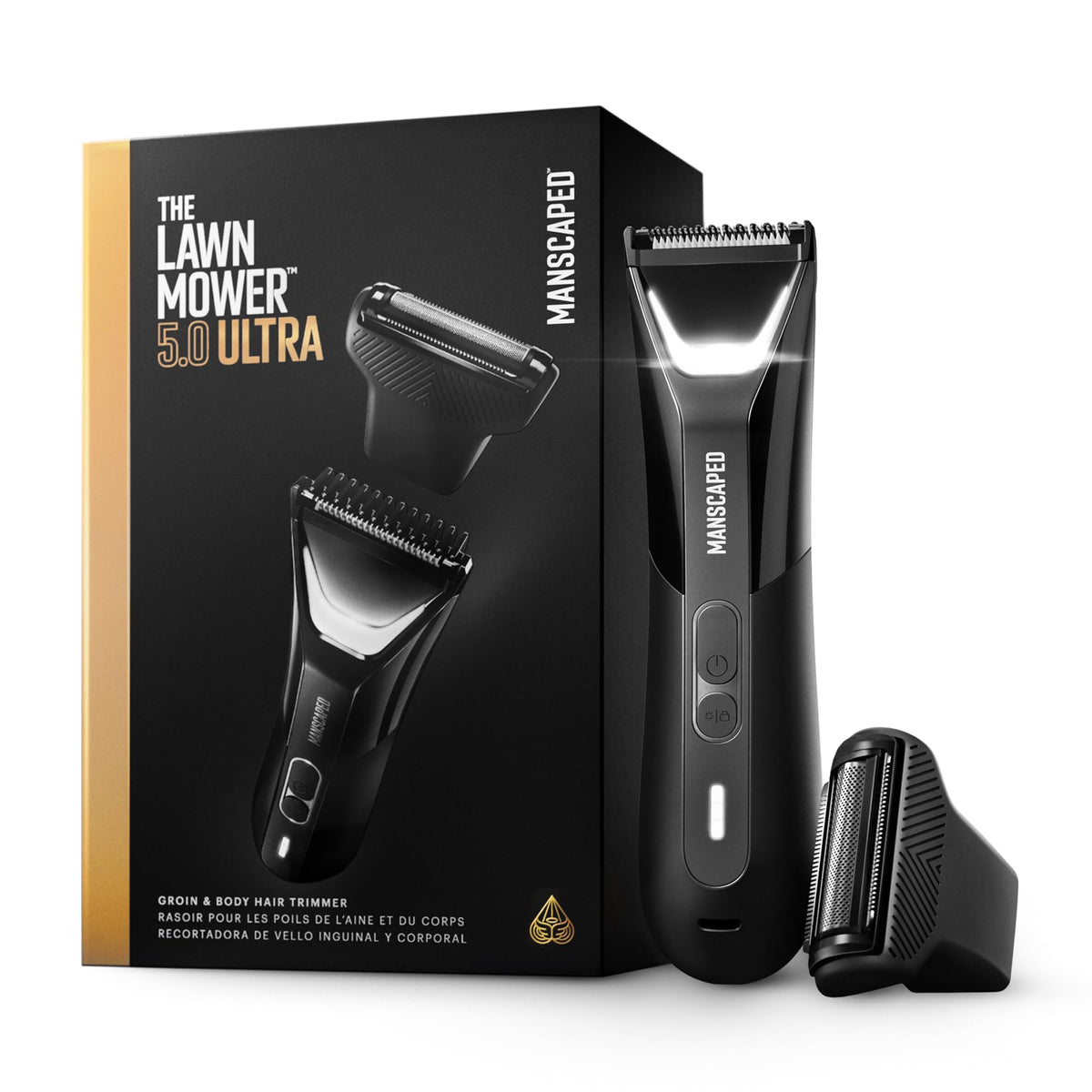 MANSCAPED The Lawn Mower 5.0 Ultra front view showing ergonomic grip and controls for precise grooming