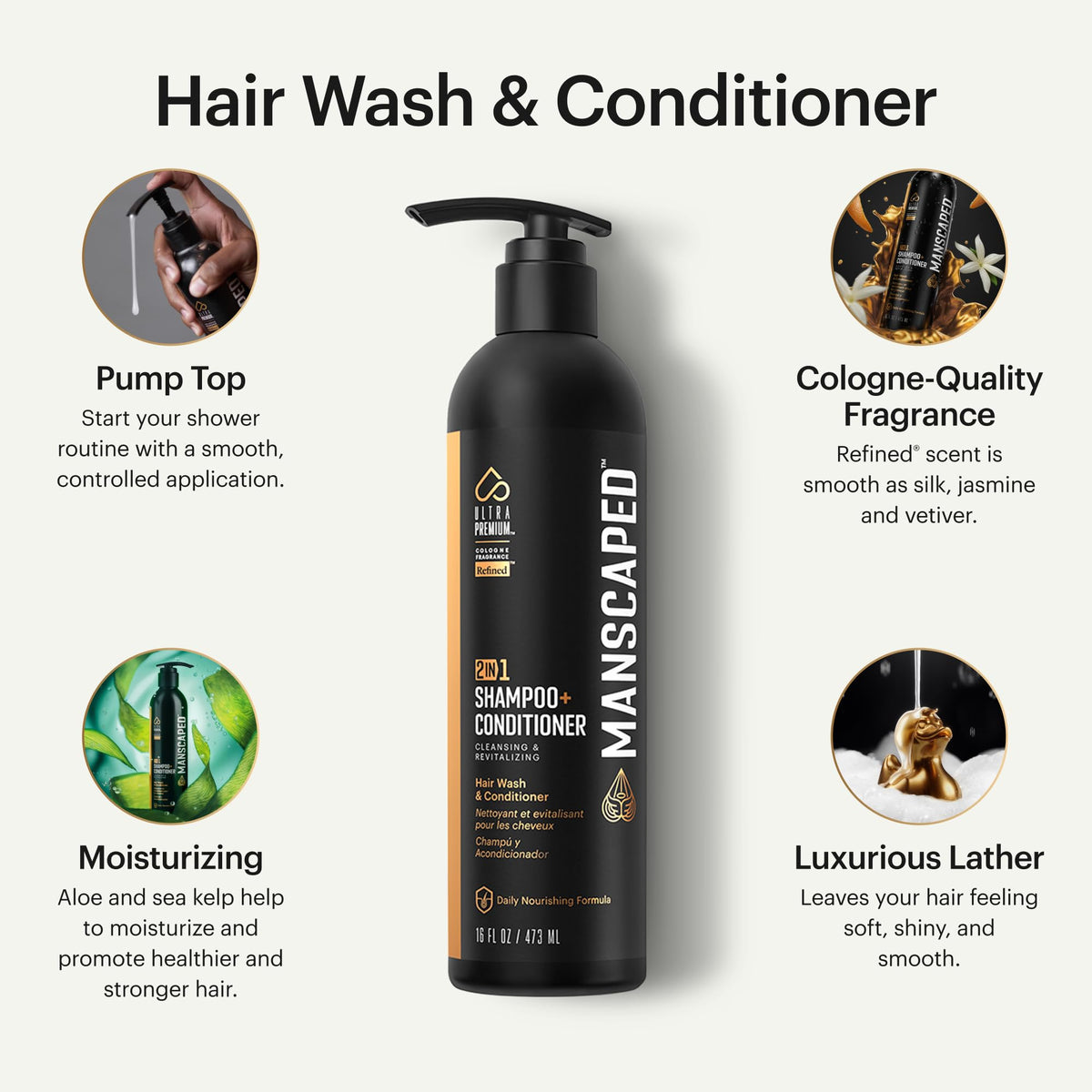 MANSCAPED close-up of product label highlighting key ingredients and refined scent