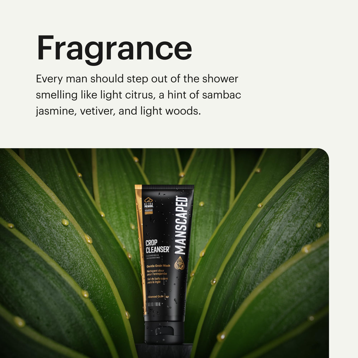 MANSCAPED bottle on a wet shower shelf illustrating in-shower use convenience