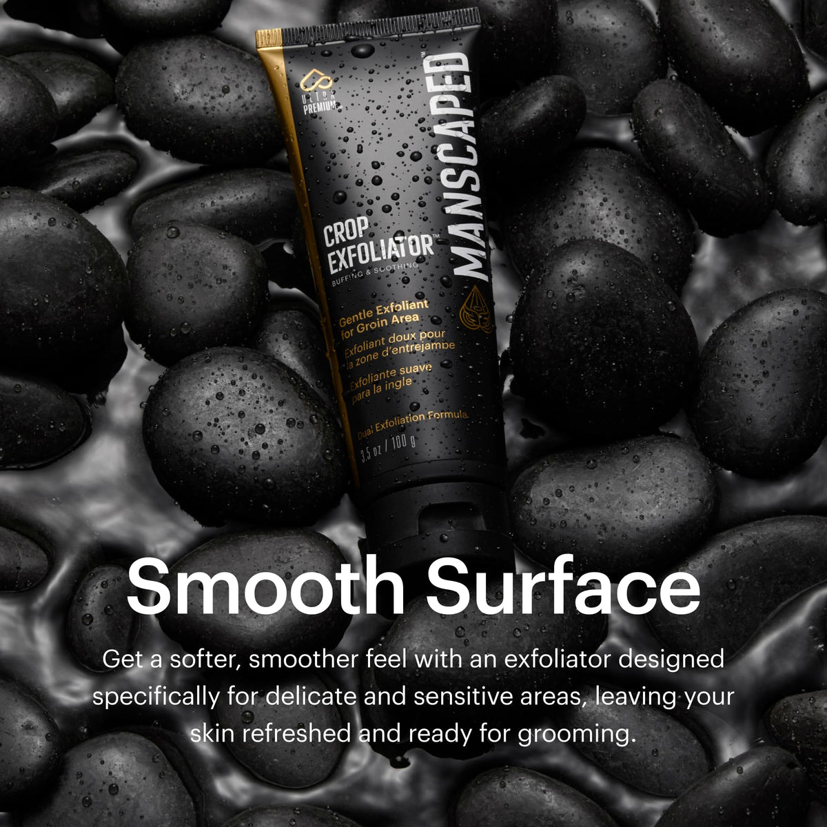 MANSCAPED lifestyle bathroom setup with Crop Exfoliator complementing grooming tools