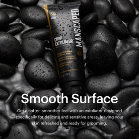 MANSCAPED lifestyle bathroom setup with Crop Exfoliator complementing grooming tools