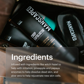 MANSCAPED Crop Exfoliator beside ruler showing 3.5 oz travel-friendly size benefit