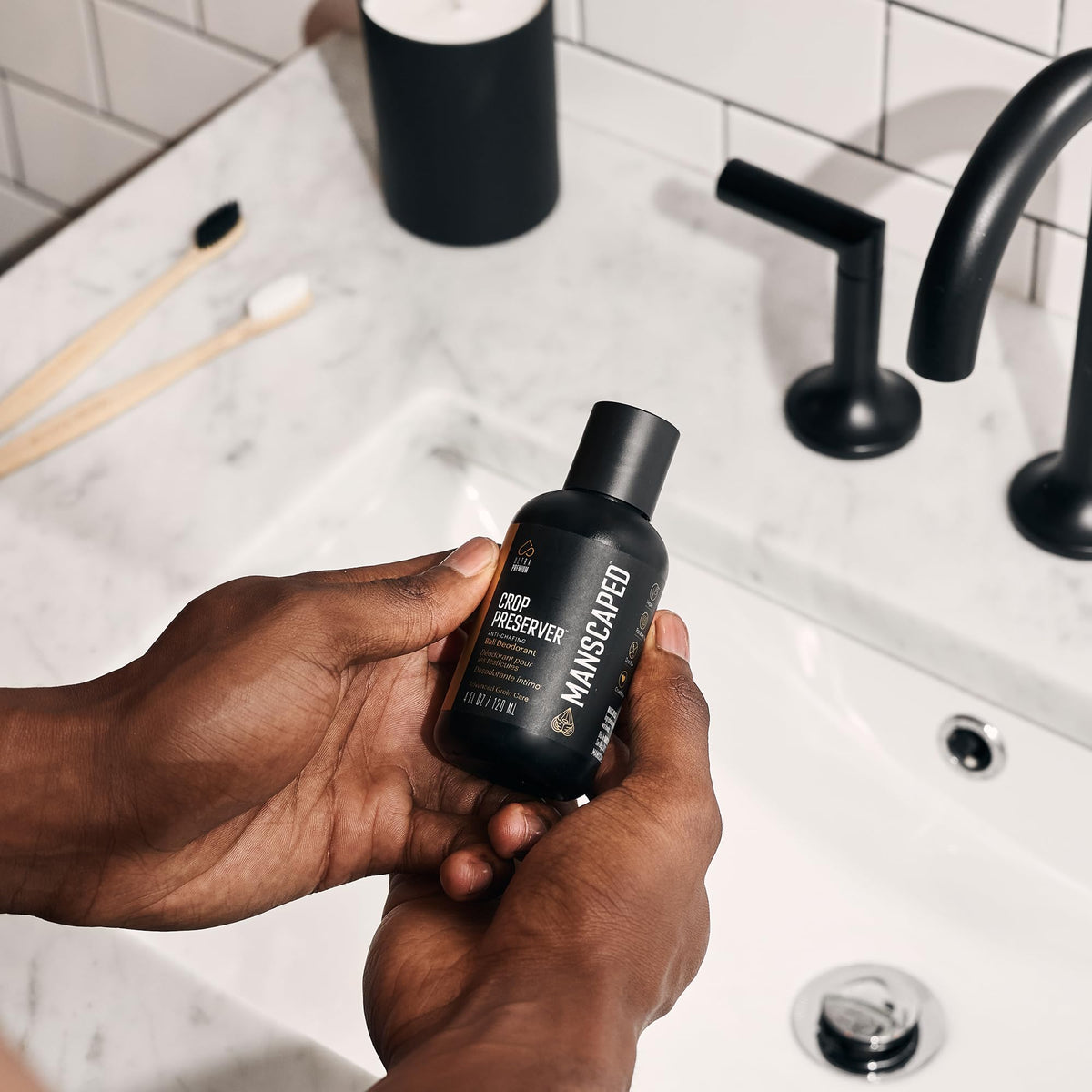MANSCAPED Crop Preserver in grooming kit lifestyle scene boosting confidence benefit