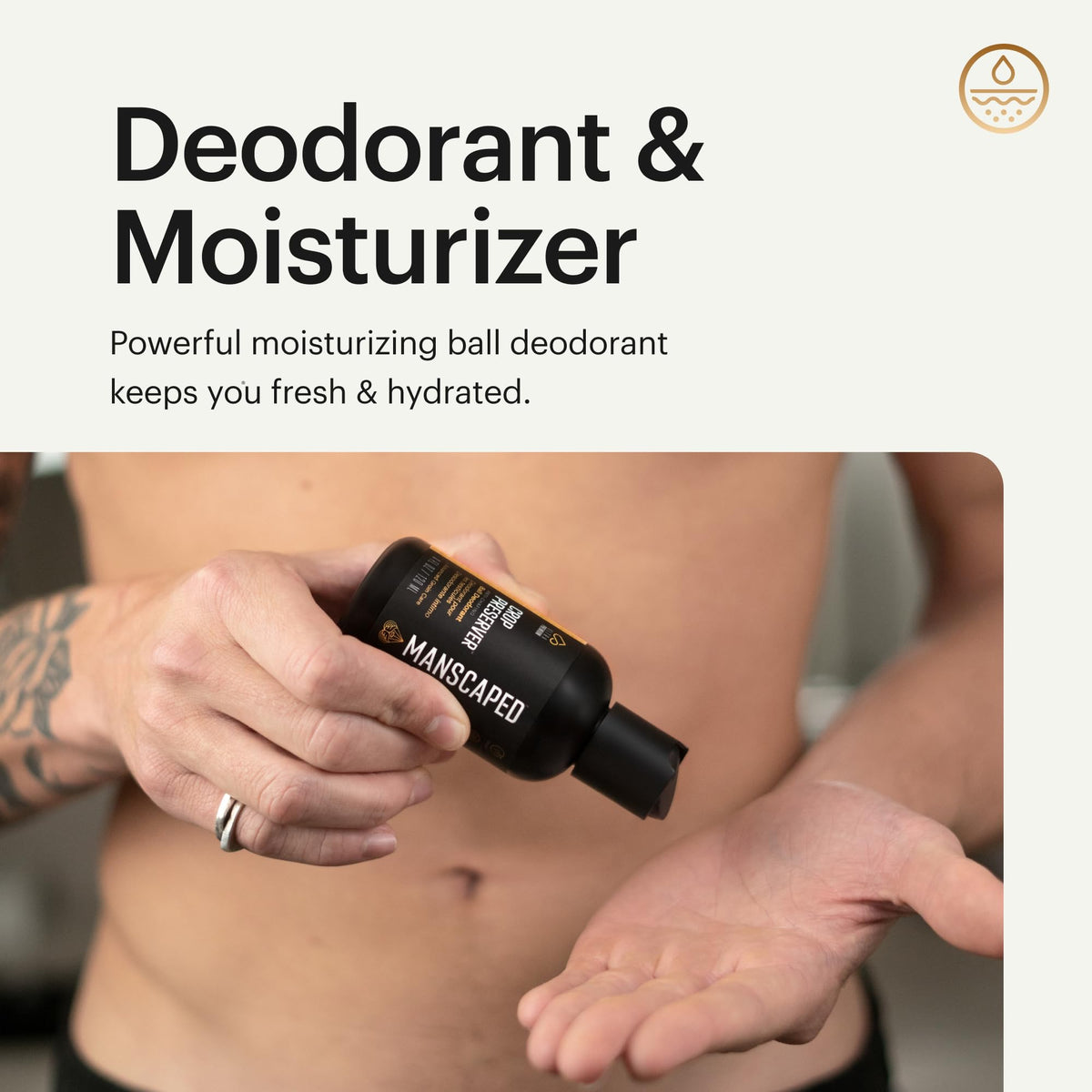 MANSCAPED Crop Preserver next to a ruler showing 4oz size and travel-ready benefit