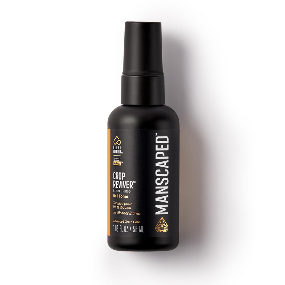MANSCAPED Crop Reviver front packaging showing compact travel bottle and branding benefits