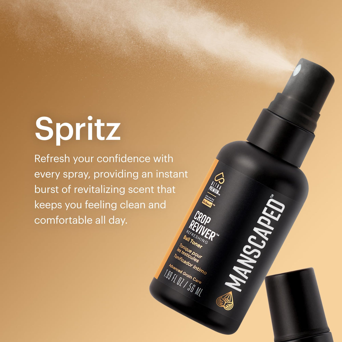 MANSCAPED Crop Reviver next to keys illustrating 1.89 fl oz pocketable convenience
