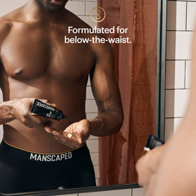 MANSCAPED Crop Soother jar on bathroom vanity, soothes post-shave irritation gently