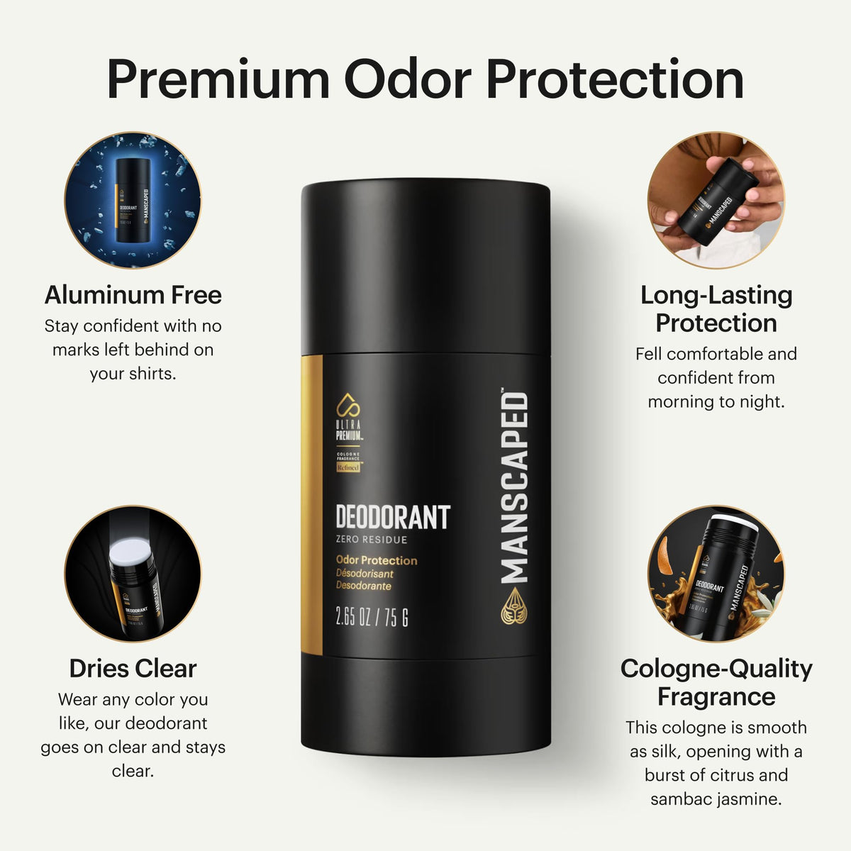 MANSCAPED branded box packaging for the UltraPremium deodorant highlighting size and label