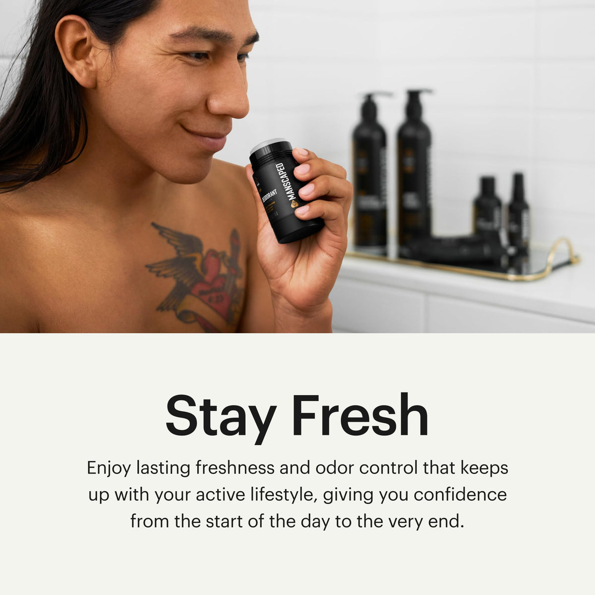 MANSCAPED scent flatlay with citrus, jasmine, and vetiver notes illustrating fragrance profile