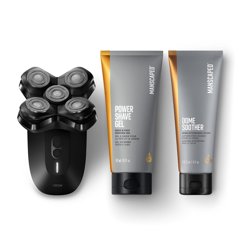 MANSCAPED front view of The Dome Shaver PRO showing ergonomic design and easy grip benefit