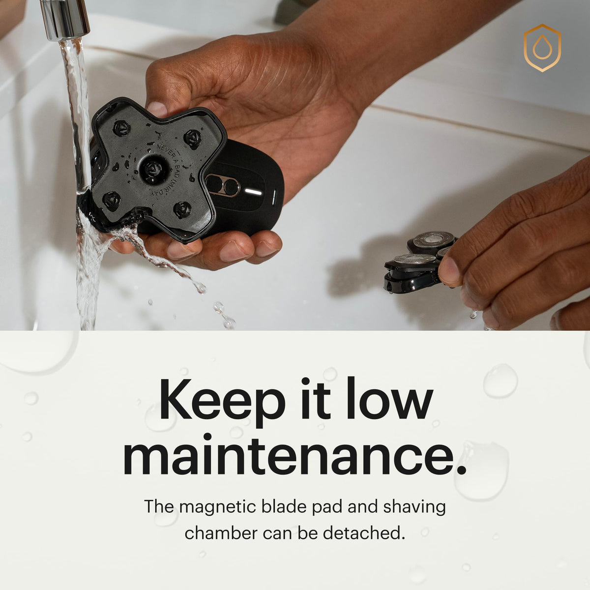 MANSCAPED shaver under running water demonstrating waterproof cleaning benefit