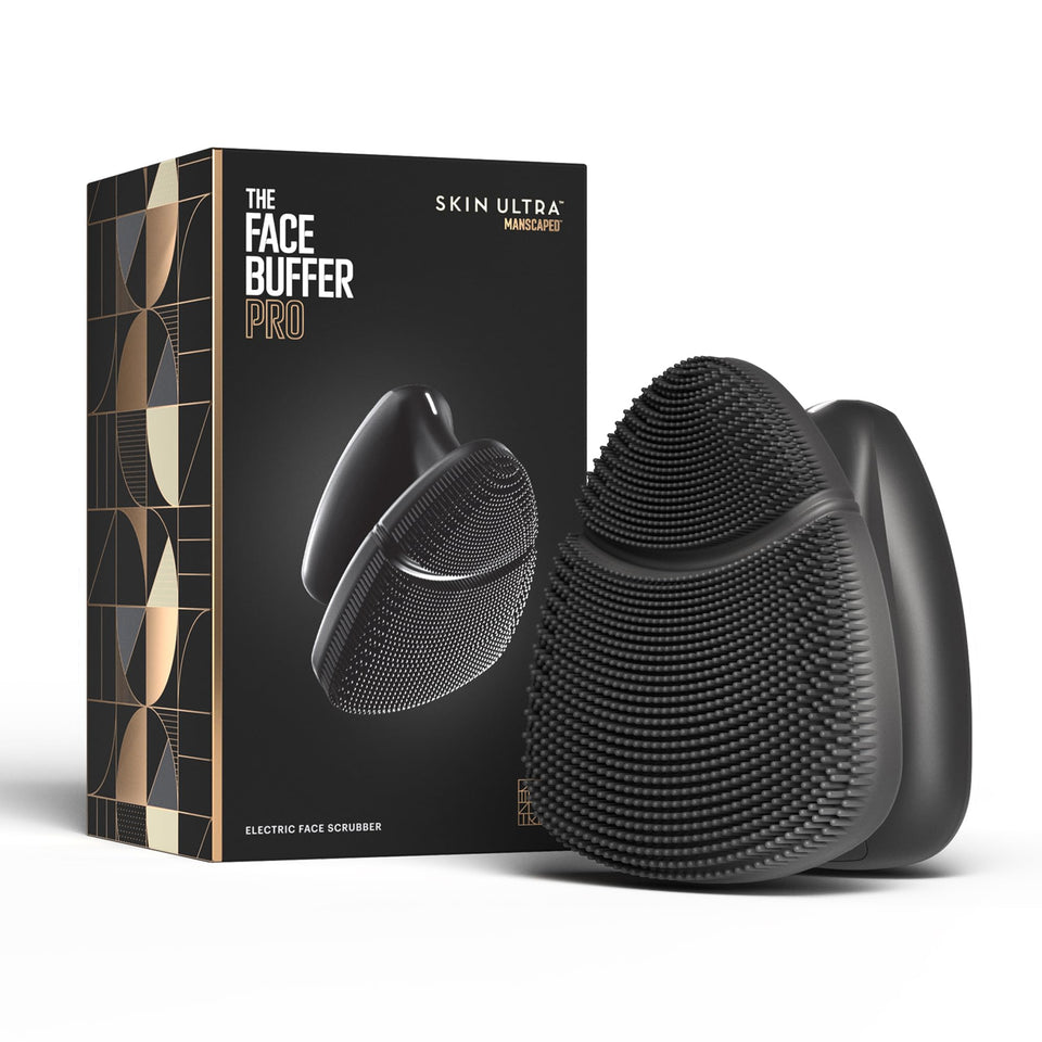 MANSCAPED Face Buffer PRO front view showing compact design and ergonomic grip benefit