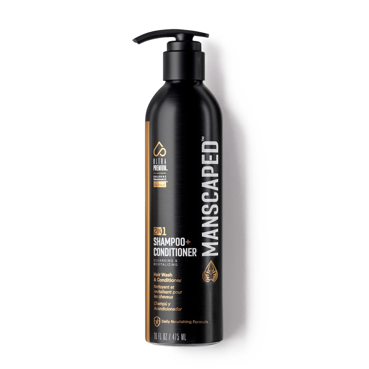 MANSCAPED front view of aluminum 16 oz bottle showing branding and premium look
