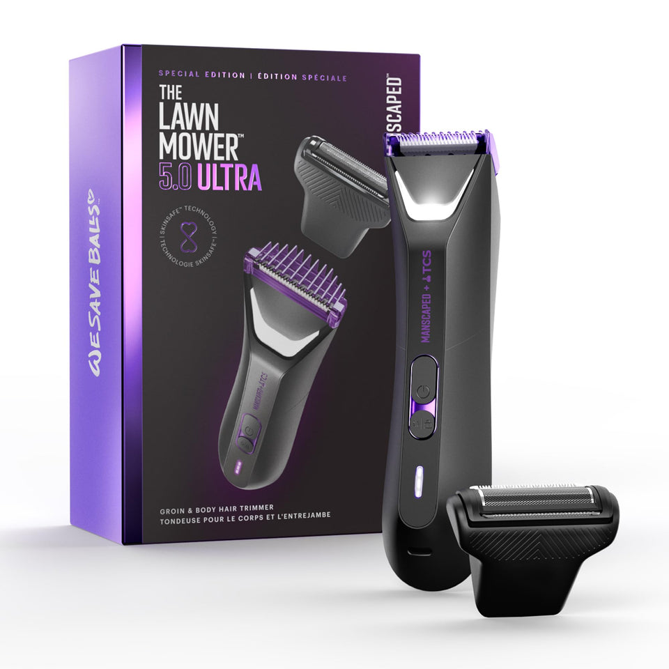 MANSCAPED front view of Lawn Mower 5.0 Ultra showing packaging and benefits