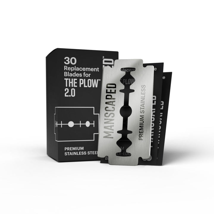MANSCAPED front pack showing 30-pack blades for uninterrupted grooming