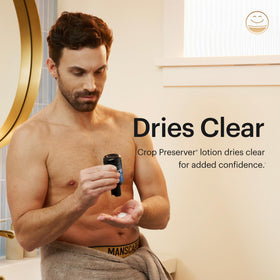 MANSCAPED bottle on bathroom vanity implying daily grooming convenience