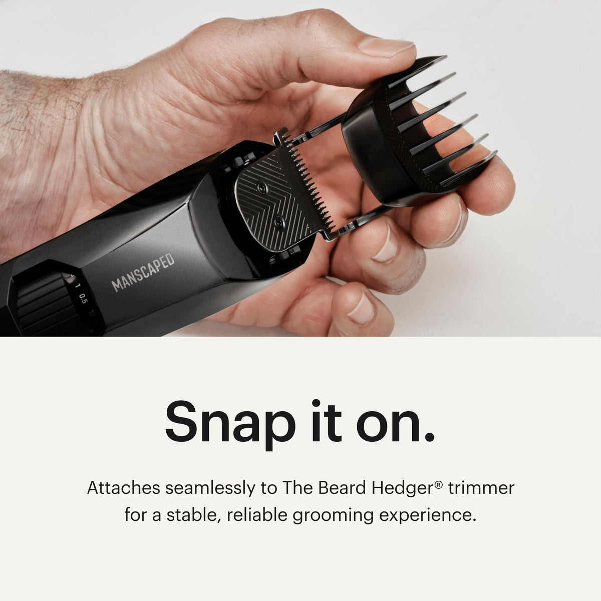 MANSCAPED in-use trimming a long beard for even, controlled length maintenance