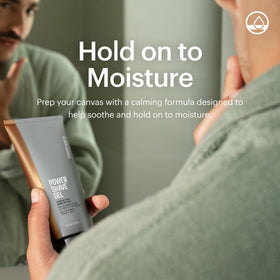MANSCAPED being spread across facial skin to soothe and prepare for a close shave