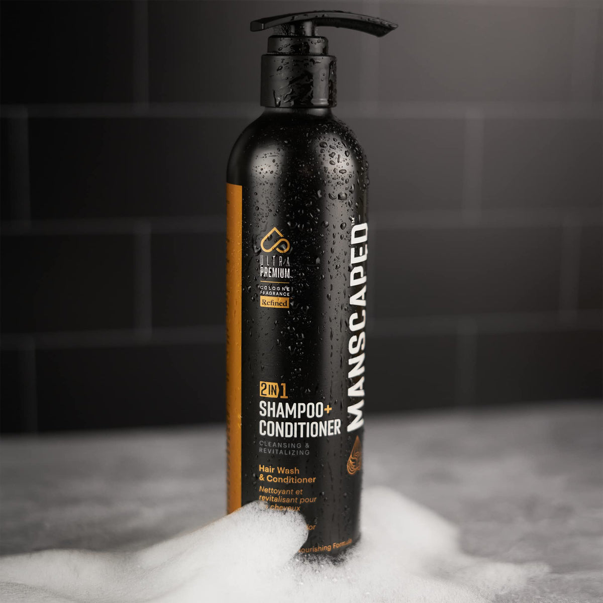 MANSCAPED aluminum bottle on recycled materials signifying eco-conscious packaging