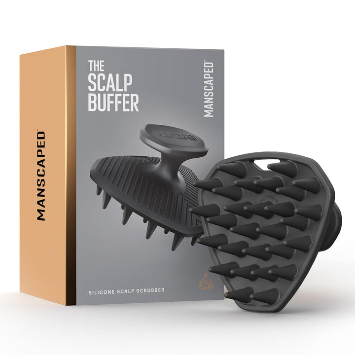 MANSCAPED front view of scalp buffer showing compact ergonomic shape and easy grip