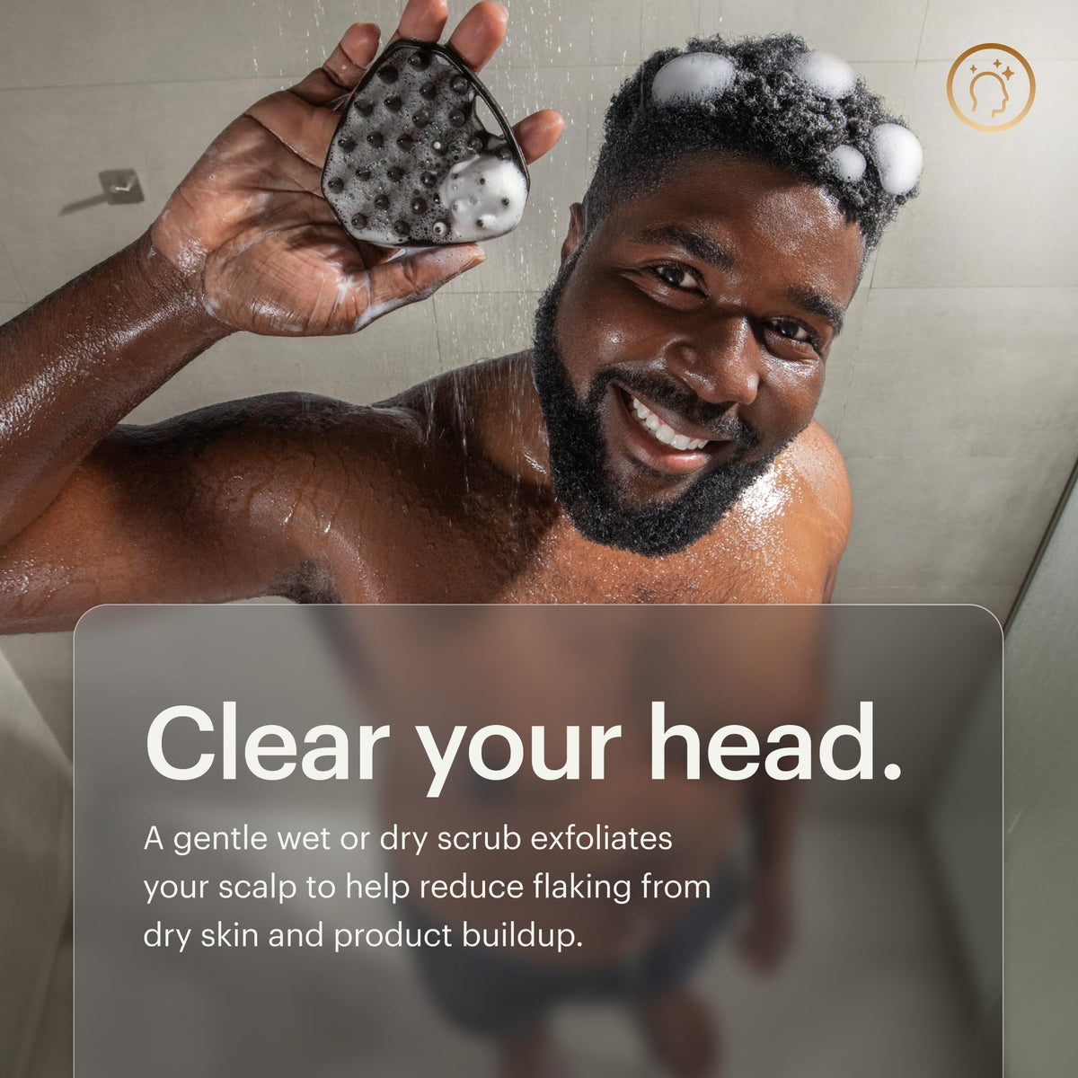 MANSCAPED buffer with shampoo lather showing improved product distribution