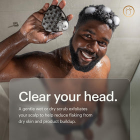 MANSCAPED buffer with shampoo lather showing improved product distribution