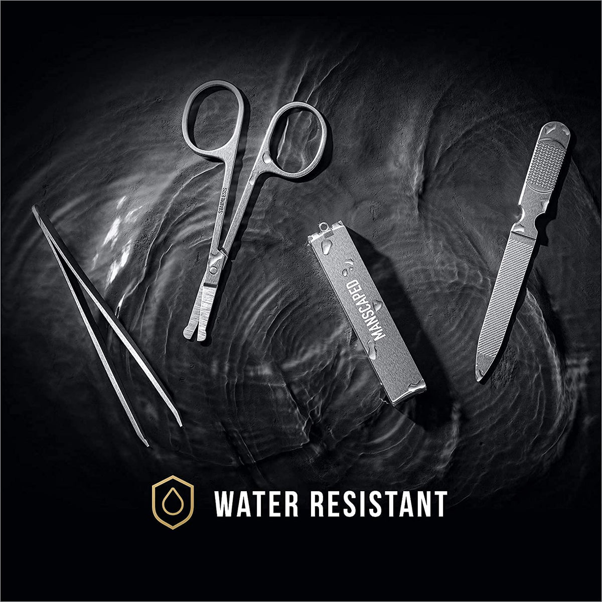 MANSCAPED slant-tipped tweezers gripping a splinter illustrating accurate hair and debris removal