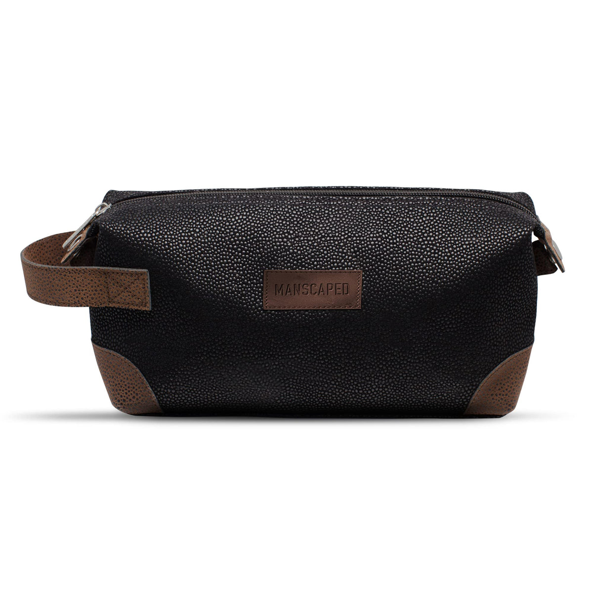 MANSCAPED front view of The Shed toiletry bag showing sleek PU leather finish and zipper for polished storage