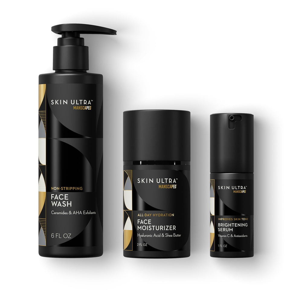 MANSCAPED front packaging showing the three-step regimen and benefits