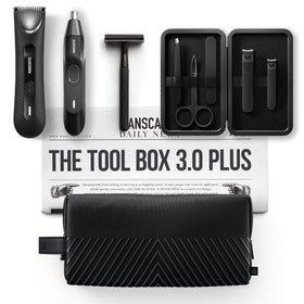 MANSCAPED Tool Box 3.0 Plus front package shows full grooming set and storage benefit