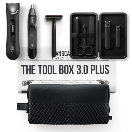 MANSCAPED Tool Box 3.0 Plus front package shows full grooming set and storage benefit