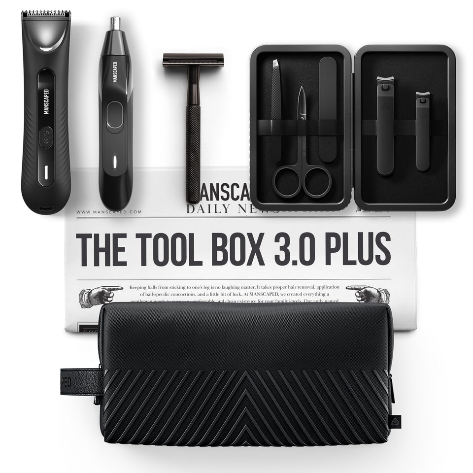 MANSCAPED Tool Box 3.0 Plus front package shows full grooming set and storage benefit