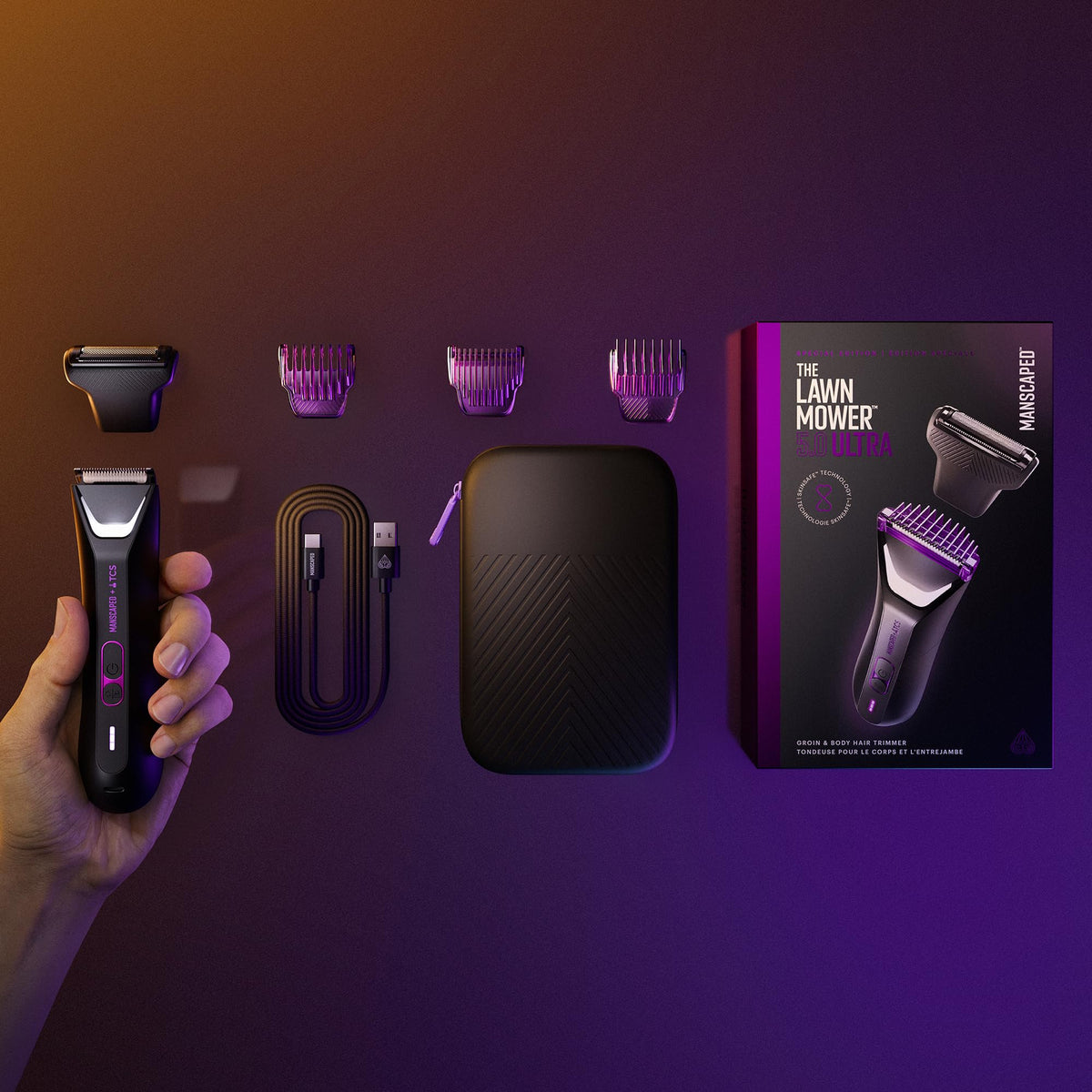 MANSCAPED travel case with USB-C cable showing portability and charging
