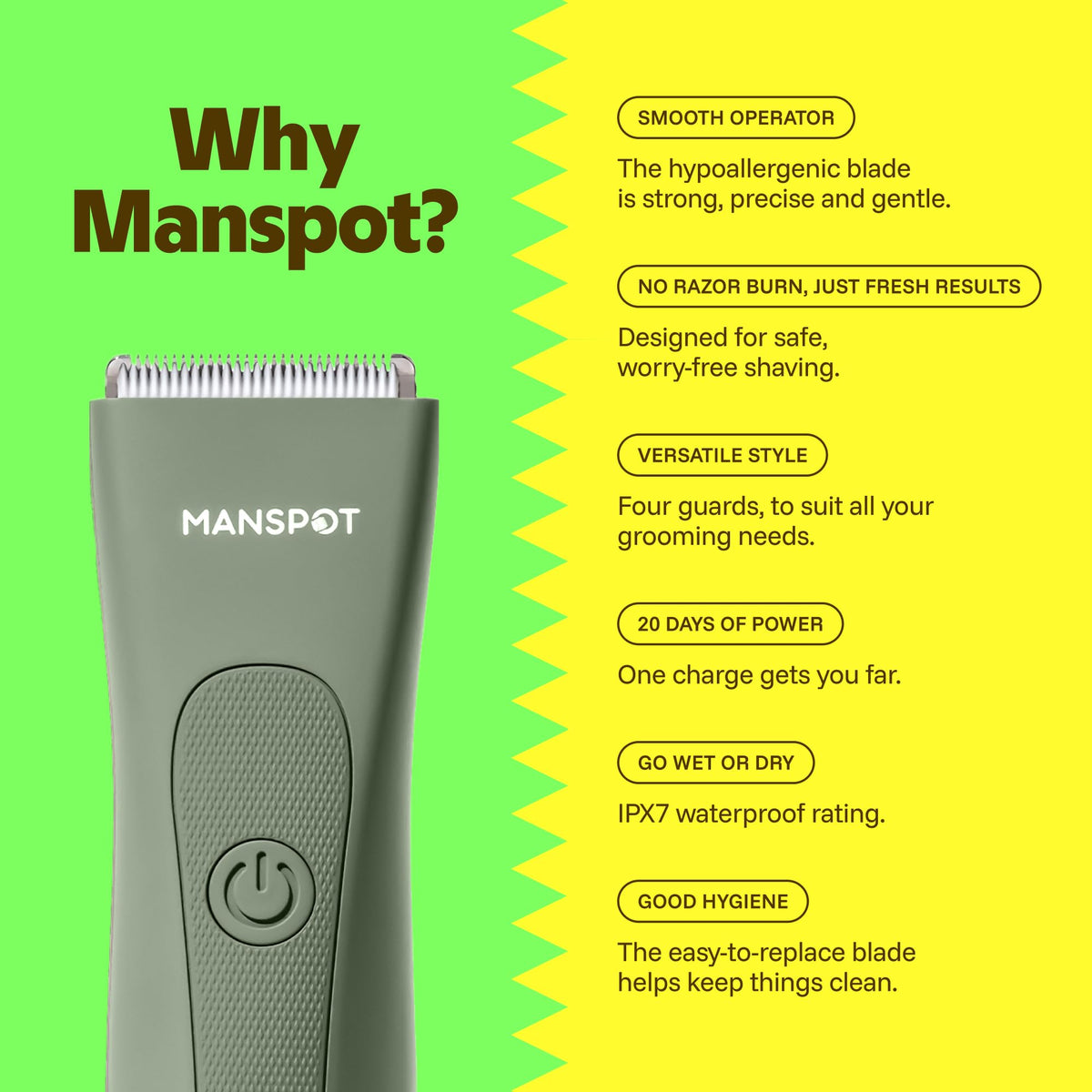 MANSPOT ceramic blade closeup highlighting hypoallergenic, cool‑cut benefit