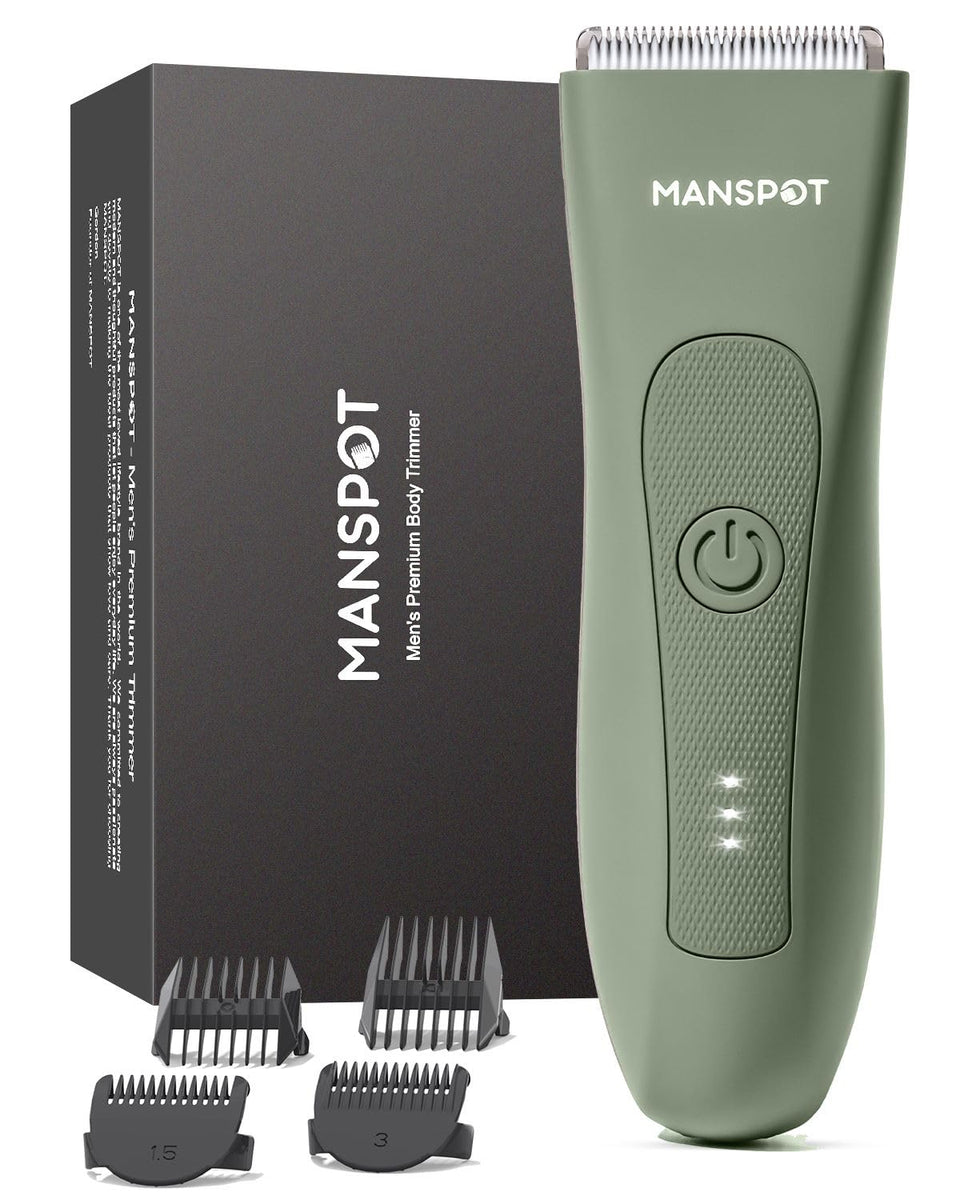 MANSPOT front view showing trimmer and guards, clear layout for quick setup
