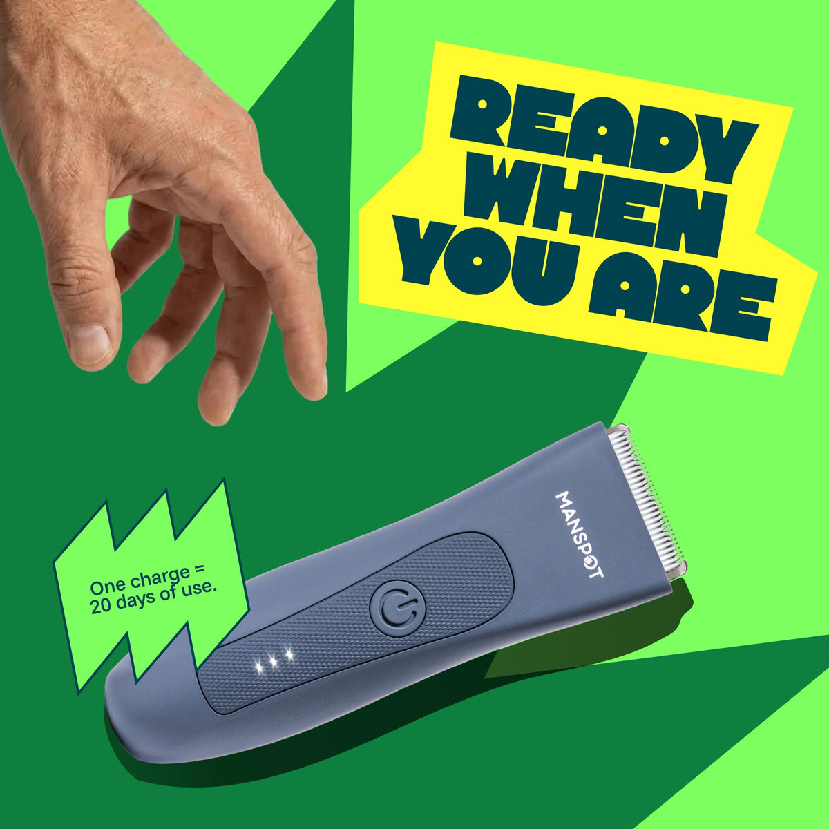 MANSPOT trimmer in shower demonstrating waterproof use and easy cleaning