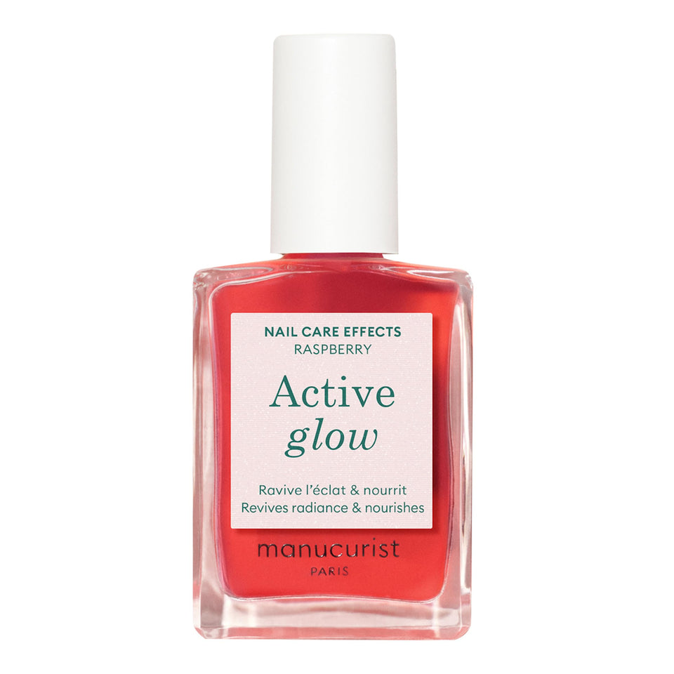 Manucurist Active Glow Raspberry front packaging showing glossy rosy tint and benefit