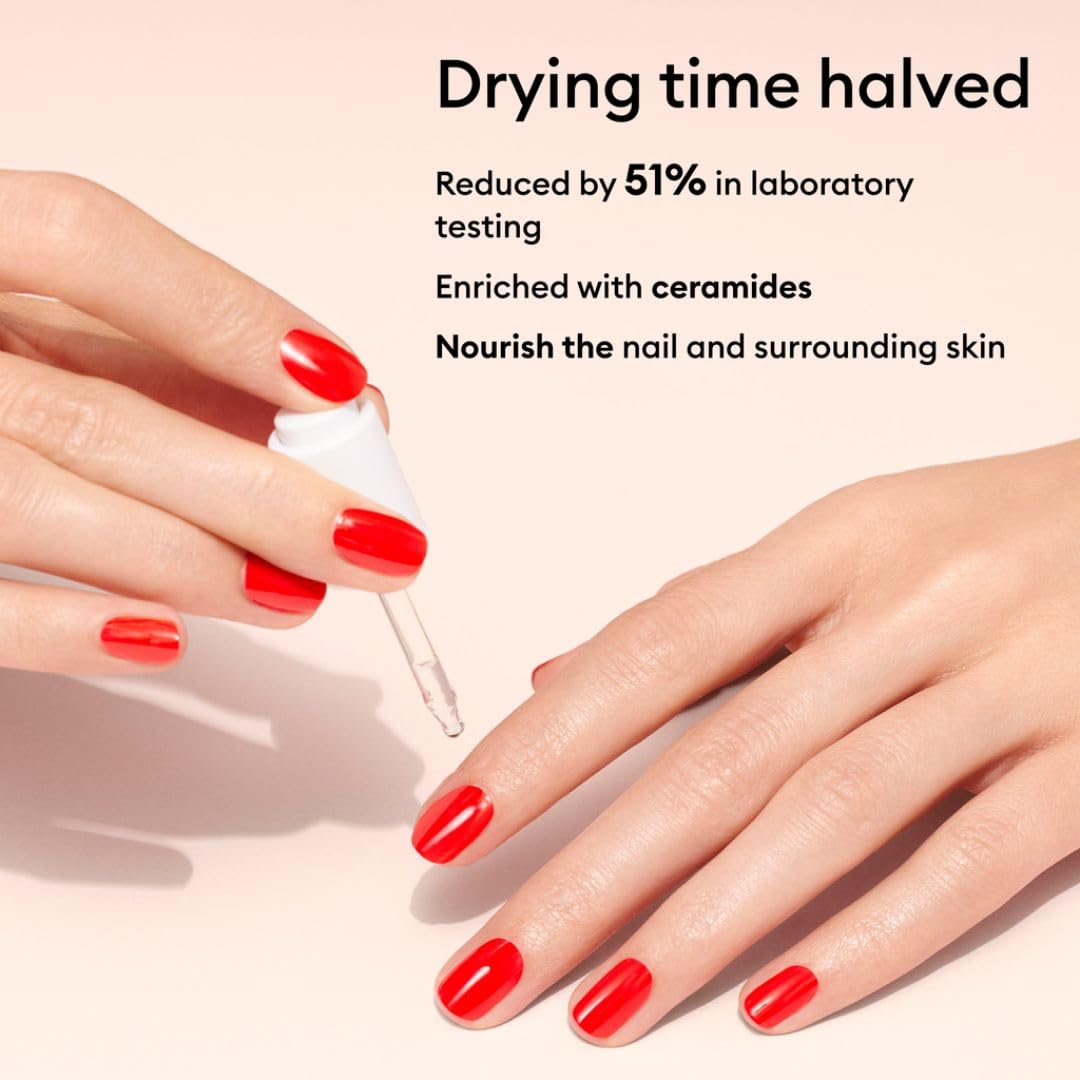 Manucurist droplet sitting on polished nail topcoat to speed drying