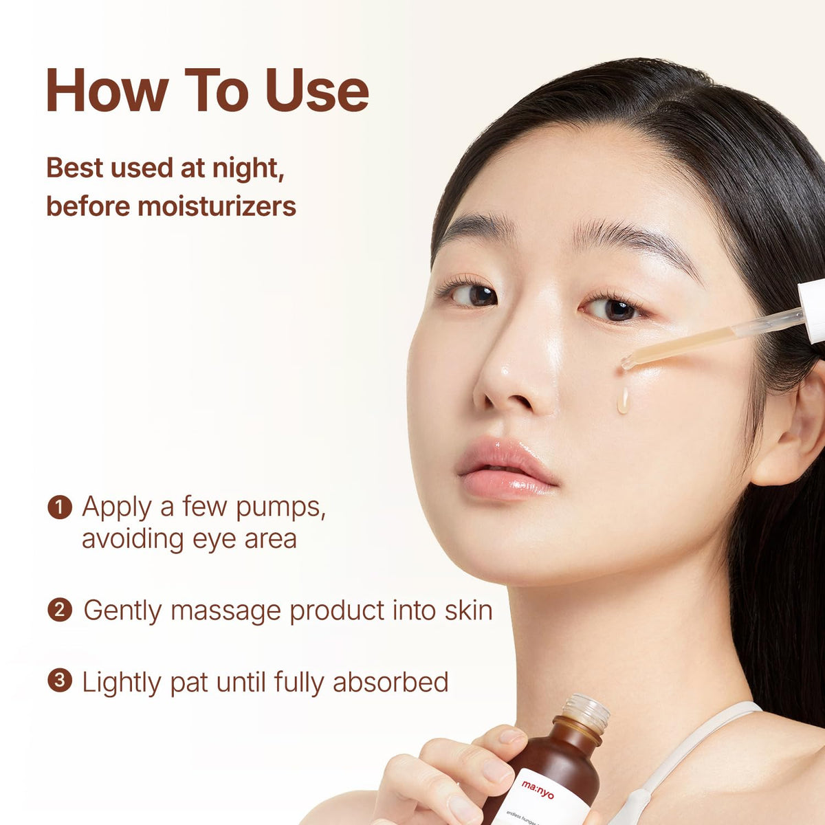 ma:nyo bottle on nightstand among skincare items showing nightly routine benefit